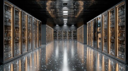 Dark, futuristic server room, glowing tech
