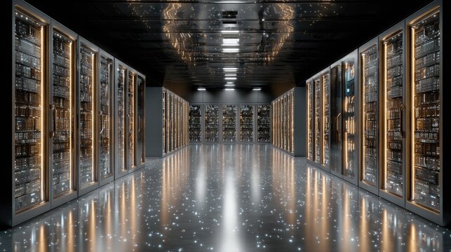 Dark, futuristic server room, glowing tech