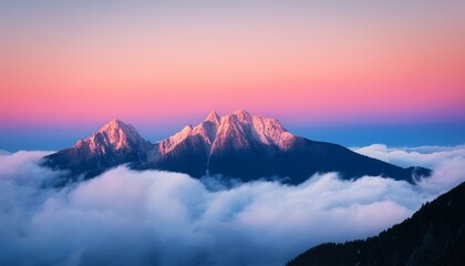 mountains in the clouds with a pink sky and a blue sky