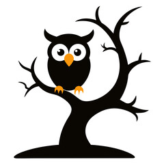 Cute black owl perched on a spooky tree branch