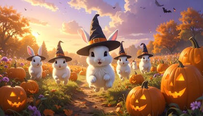 An enchanting gathering of adorable white bunnies in witch hats celebrating Halloween amidst a field of jack-o'-lanterns at sunset