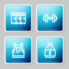 Set line Locker or changing room, Dumbbell, Sweaty sleeveless t-shirt and Sports nutrition icon. Vector
