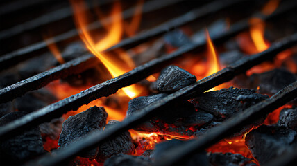 炭火の上に鉄格子が走る炎の臨場感ある接写