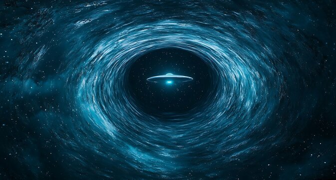 A mesmerizing cosmic scene featuring a swirling vortex of blue energy and stars, with an unidentified flying object at its center.