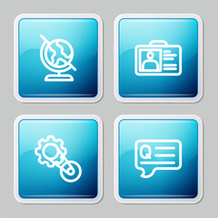 Set line Earth globe, Identification badge, Timing belt kit and Speech bubbles with Question icon. Vector