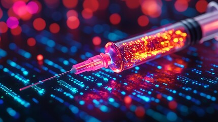 A vibrant syringe with glowing liquid, set against a backdrop of colorful binary code, symbolizes innovation in technology and medicine.