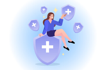 Health protection and medical security concept. A confident woman is protected by a shield with a cross, symbolizing a strong immune system, health insurance, and disease prevention.