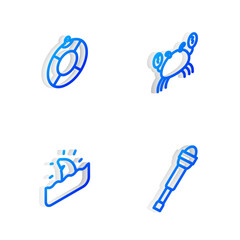 Set Isometric line Crab, Lifebuoy, Shark fin in ocean wave and Spyglass telescope lens icon. Vector