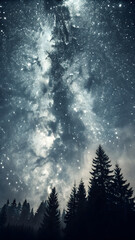 "Milky Way Over Pine Forest – Starry Night Sky with Silhouetted Trees and Cosmic Detail"