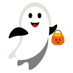 Happy cartoon ghost holding a halloween candy bucket
