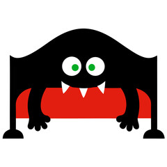 Cute cartoon monster with big eyes and fangs peeking over a red stripe