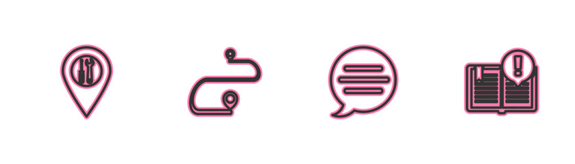 Set line Location service, Speech bubble chat, Route location and Interesting facts icon. Vector