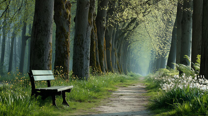 春色の並木道と木製ベンチの穏やかで静かな景色