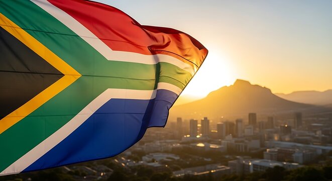 Vectore illustration of south african flag waving in the wind against a backdrop of a city skyline at sunset with a mountain in the distance