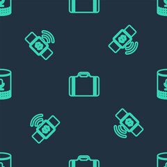 Set line Suitcase for travel, Contactless payment and Voice assistant on seamless pattern. Vector