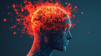 A digital representation of a human head with a fiery, data-inspired explosion emanating from the top, symbolizing creativity and technology.