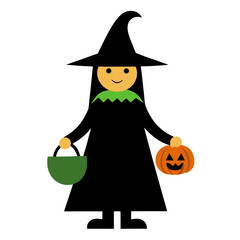 Cute cartoon witch holding a candy bucket and a pumpkin