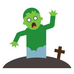 Cartoon zombie emerging from the ground with a gravestone