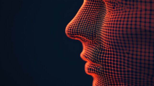 A digital representation of a human face with a wireframe structure, highlighted in red against a dark background, showcasing modern technology and 3D modeling.