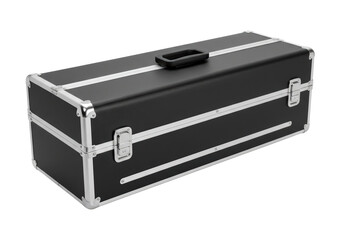 Isolated black aluminum hard case great for stage, music, or transport, on a plain background