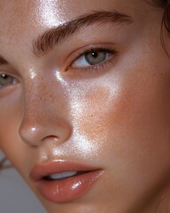 Model displays flawless skin with a healthy sheen, captured in serene indoor lighting