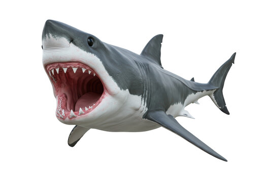 Isolated great white shark swimming with open mouth for predatory sea life concept - Powered by Adobe