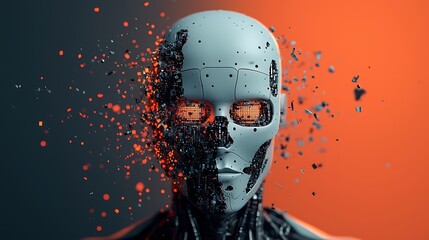 A futuristic robot head is partially disintegrating, showcasing intricate details of technology and artificial intelligence against a vibrant background.
