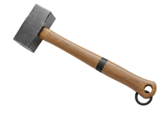Isolated sledgehammer featuring a wooden handle and gray metal head lying on its side