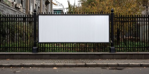 Obraz premium High-quality photo of large white banner on black metal fence.