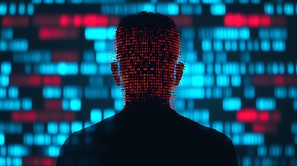 A silhouetted figure stands against a vibrant digital backdrop, with binary code and colorful patterns, evoking themes of technology and data.