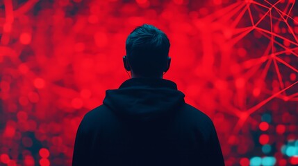 A silhouette of a person in a dark hoodie gazes at a vivid red backdrop filled with bright, abstract shapes and patterns.