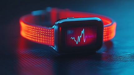 A sleek smartwatch displays a vibrant health monitor interface, featuring a colorful heart rate graph against a dark background.