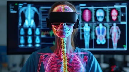 A person wearing a VR headset examines a digital representation of the human skeletal system, with anatomical details vividly displayed on a screen behind.