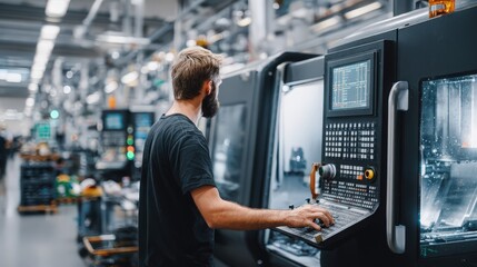 worker operating CNC machine in high-precision factory