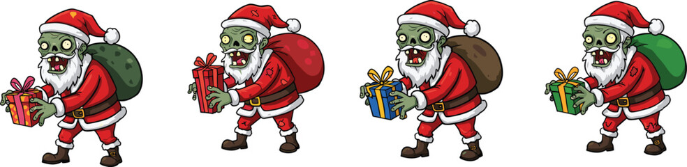 Cartoon zombie Santa Clauses holding colorful gift boxes with red, green, and brown sacks, wearing traditional Santa outfits with white beards and hatsCartoon zombie Santa Clauses holding colorful gif