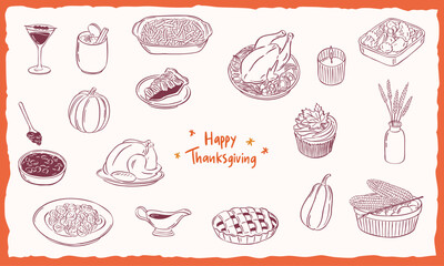 Thanksgiving dinner food hand drawn sketch doodle line art illustration collection set