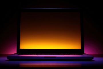 Illuminated Laptop With Empty Screen In Dark Studio