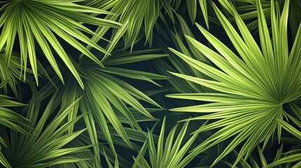 Fototapeta premium A close-up of vibrant green palm leaves, symbolizing growth and vitality, with vibrant colors and soft focus creating an atmosphere that evokes the fresh essence of nature's beauty.