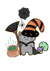 A grey cat witch wearing witch hat is holding a magic broom between a cauldron and toxic mushrooms on transparent background