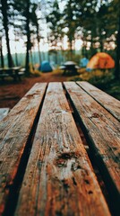 Rustic Wooden Picnic Table Outdoors In Forest Campground