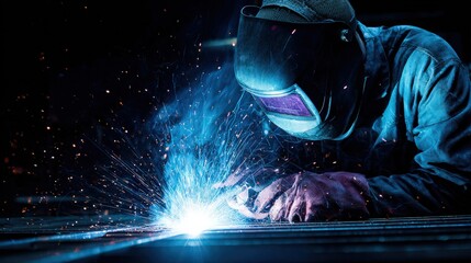 welder working on metal part in fabrication shop