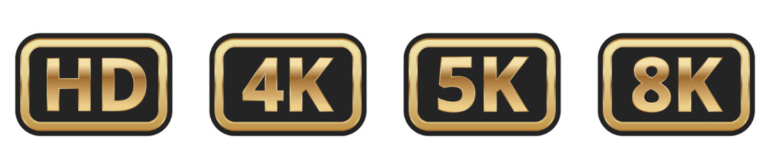 Hd 4k 5k 8k gold icons displaying video resolution standards.