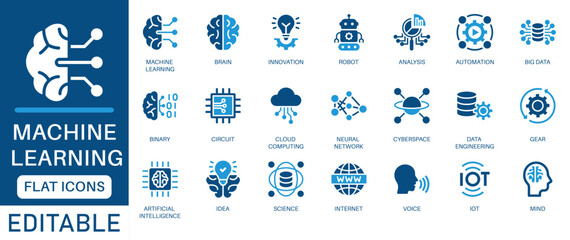 Machine learning icon set. featuring AI, neural networks, big data, automation, cloud computing, and analytics. perfect for tech projects, research, and innovation design.