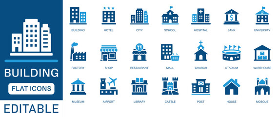 Building Icon Set. Containing house, office, bank, school, hotel, shop, university and hospital icons. Perfect for maps, architecture, and real estate designs.