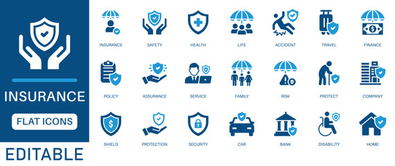 Insurance Icon Set. Features editable icons for insurance symbols, health insurance, safety, risk management, etc. Perfect for insurance companies, financial advisors, and insurance brokers.