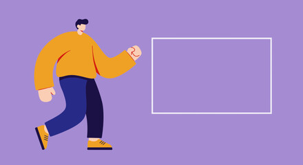 Stylized man walks towards a blank white frame, perfect for displaying custom content, new ideas, or promotional messages. Concepts of presentation, choice, and opportunity.
