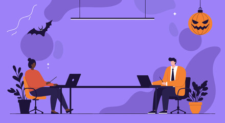 Professionals work on laptops in a festive Halloween-themed office, showcasing a unique blend of business and holiday spirit. Ideal for seasonal corporate content.