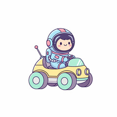 Adorable Cartoon Astronaut Driving a Retro Yellow Car.