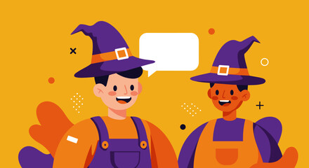 Two cheerful friends in witch hats and overalls smile and interact with a speech bubble, perfect for Halloween, autumn, or communication themes.