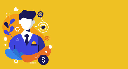 Flat design illustration of a professional businessman on a vibrant yellow background, symbolizing finance, career growth, and corporate success. Copy space.